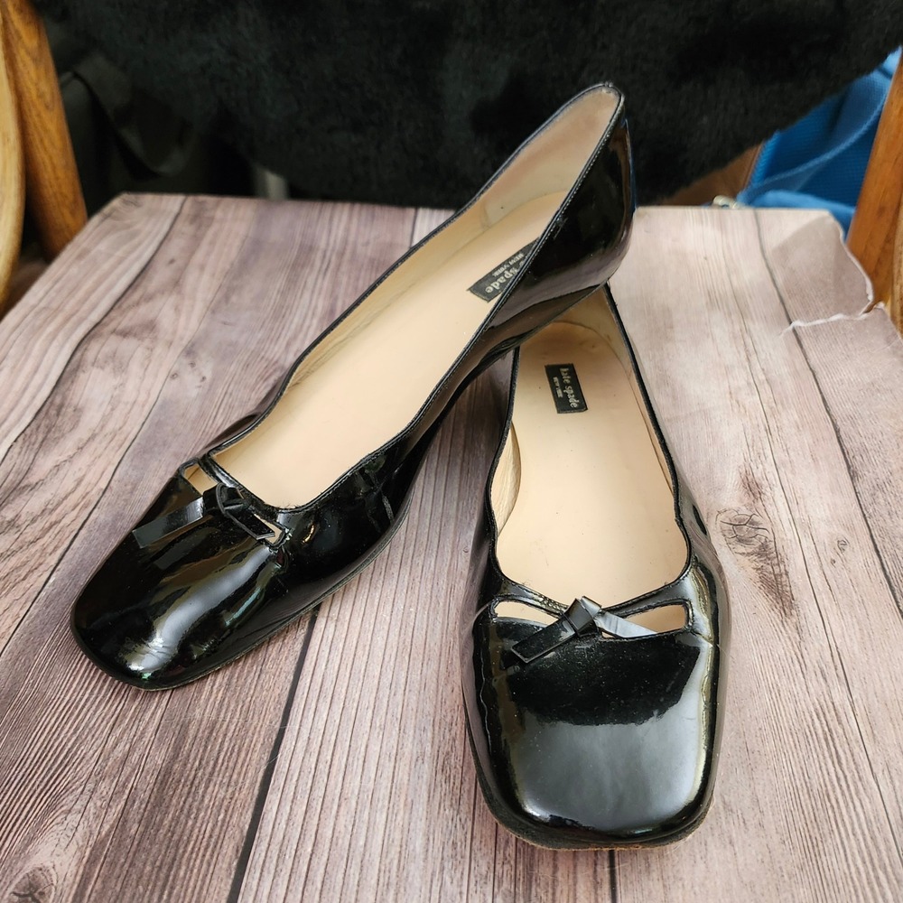Kate Spade Black Patent Leather Square Toe Bow Ballet Flats Designer Italy 8B